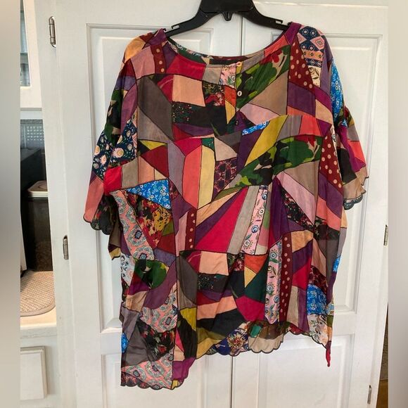 Johnny Was Eloise Scalloped Patchwork Print 100% silk boxy oversized Top large - Picture 3 of 9